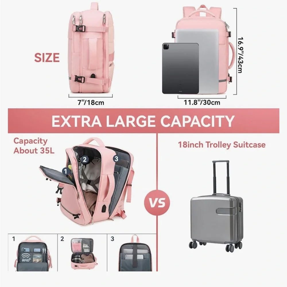 Airline Flight approved extra large capacity, travel laptop backpack 35L pink - Picture 2 of 16